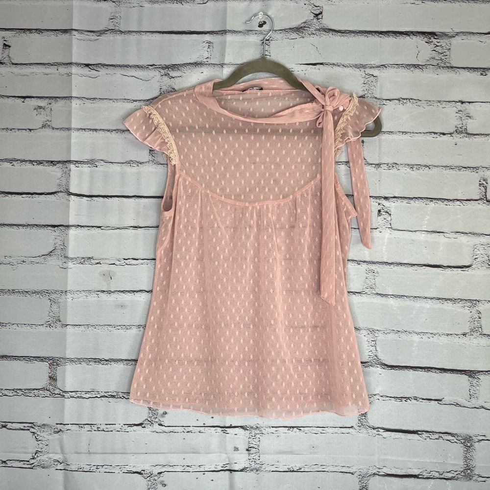 Lily White Pink Lace Sleeveless Cap Blouse Size M Sheer Bow Ribbon Y2K Romantic